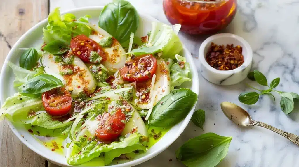Fresh tomato vinaigrette dressing pouring over a salad