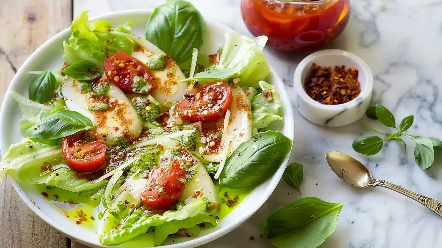 Fresh tomato vinaigrette dressing pouring over a salad