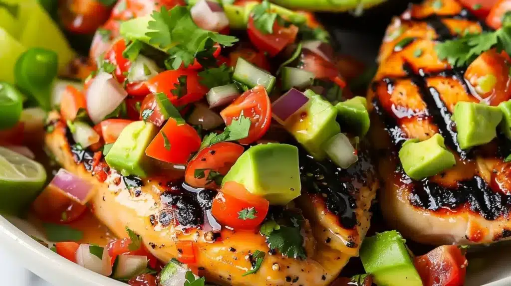 Plate of Fiesta Lime Chicken garnished with avocado salsa for a vibrant meal.