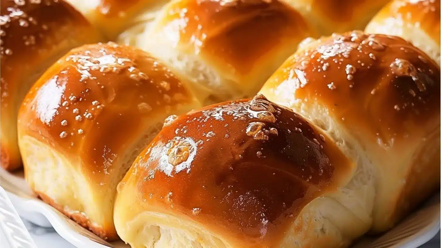 Golden brown fluffy dinner rolls fresh out of the oven.
