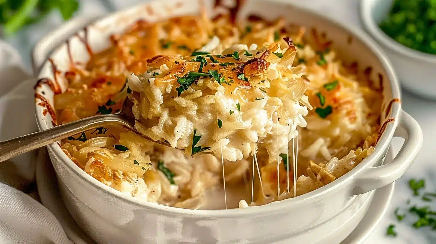Delicious French Onion Chicken and Rice Casserole served in a dish