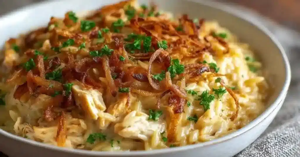 French onion chicken orzo casserole topped with melted cheese and caramelized onions