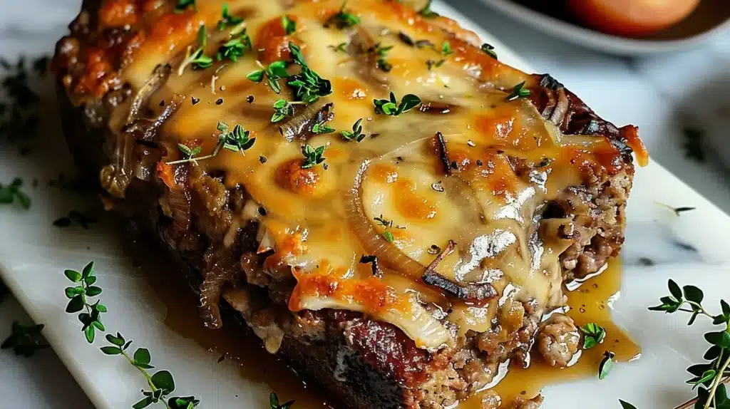 Delicious French onion meatloaf served with caramelized onions and cheese.