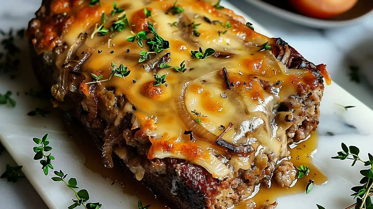 Delicious French onion meatloaf served with caramelized onions and cheese.