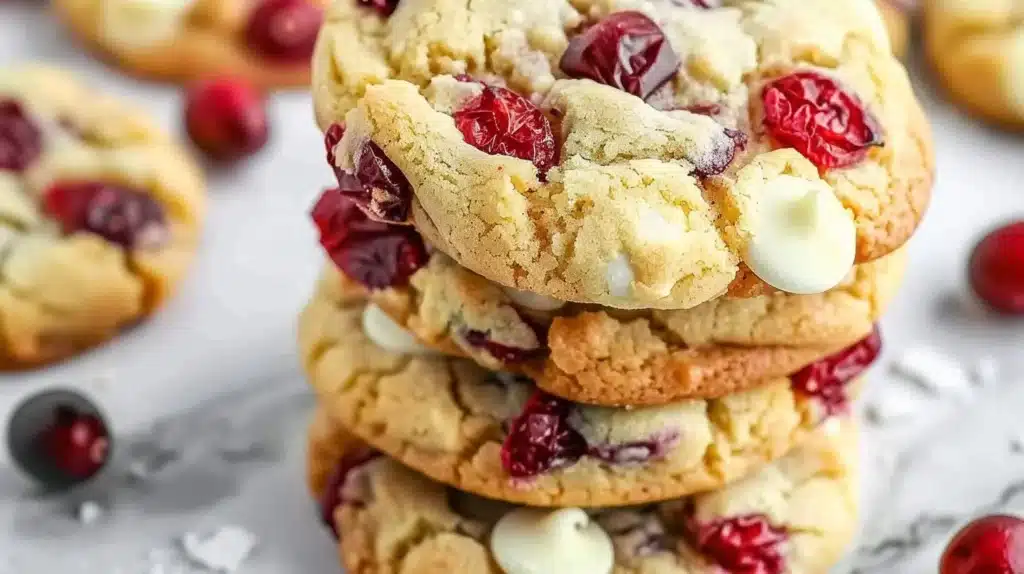 Fresh cranberry and white chocolate cookies on a baking sheet