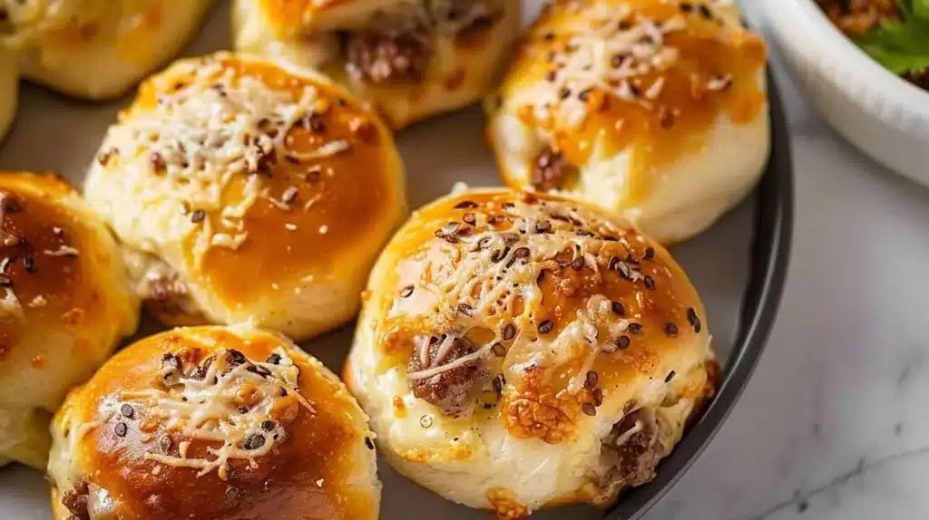 Delicious Garlic Parmesan Cheeseburger Bombs with melted cheese and garlic flavor.