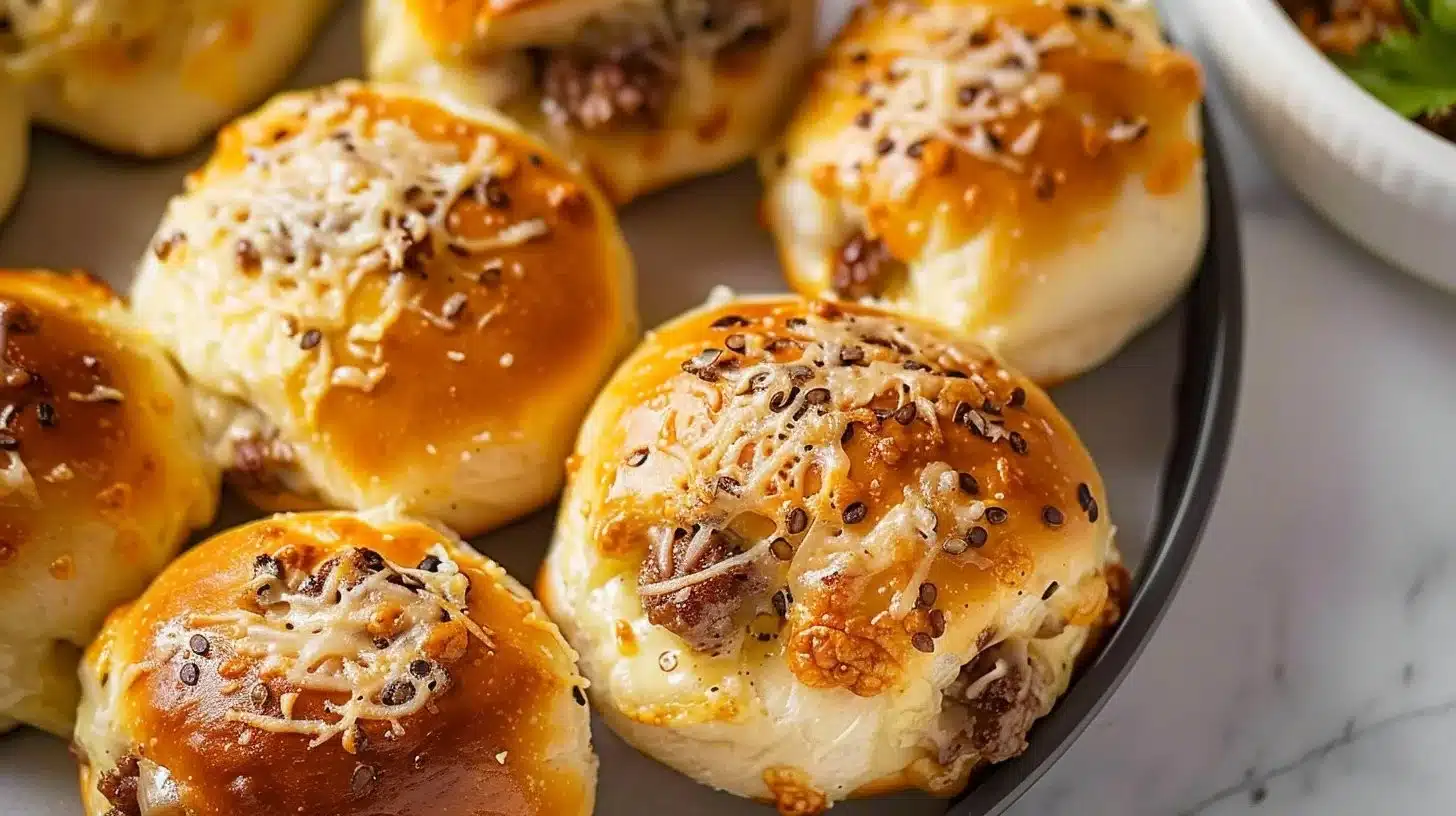 Delicious Garlic Parmesan Cheeseburger Bombs with melted cheese and garlic flavor.