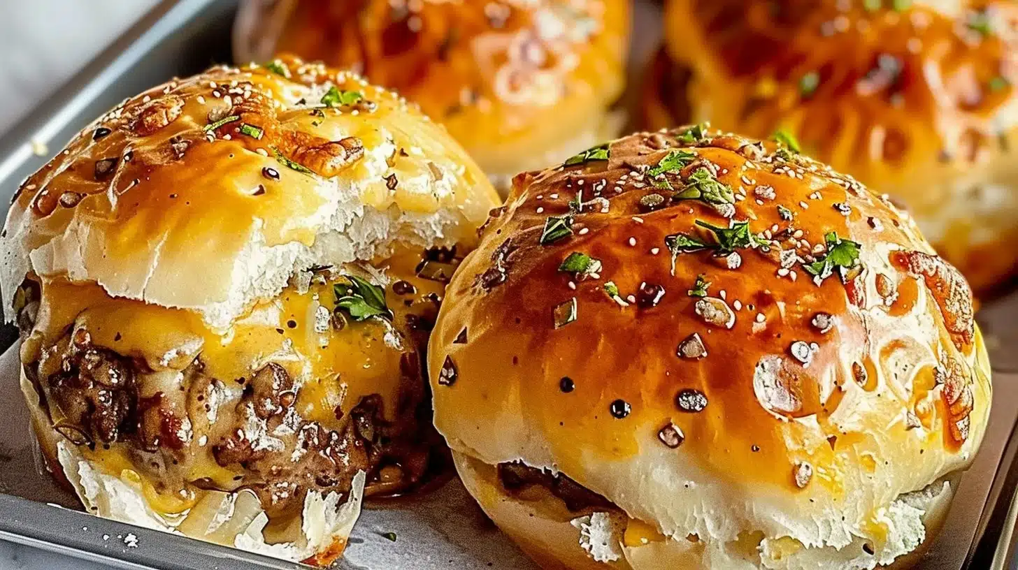Garlic Parmesan Cheeseburger Bombs baked and served warm on a plate.
