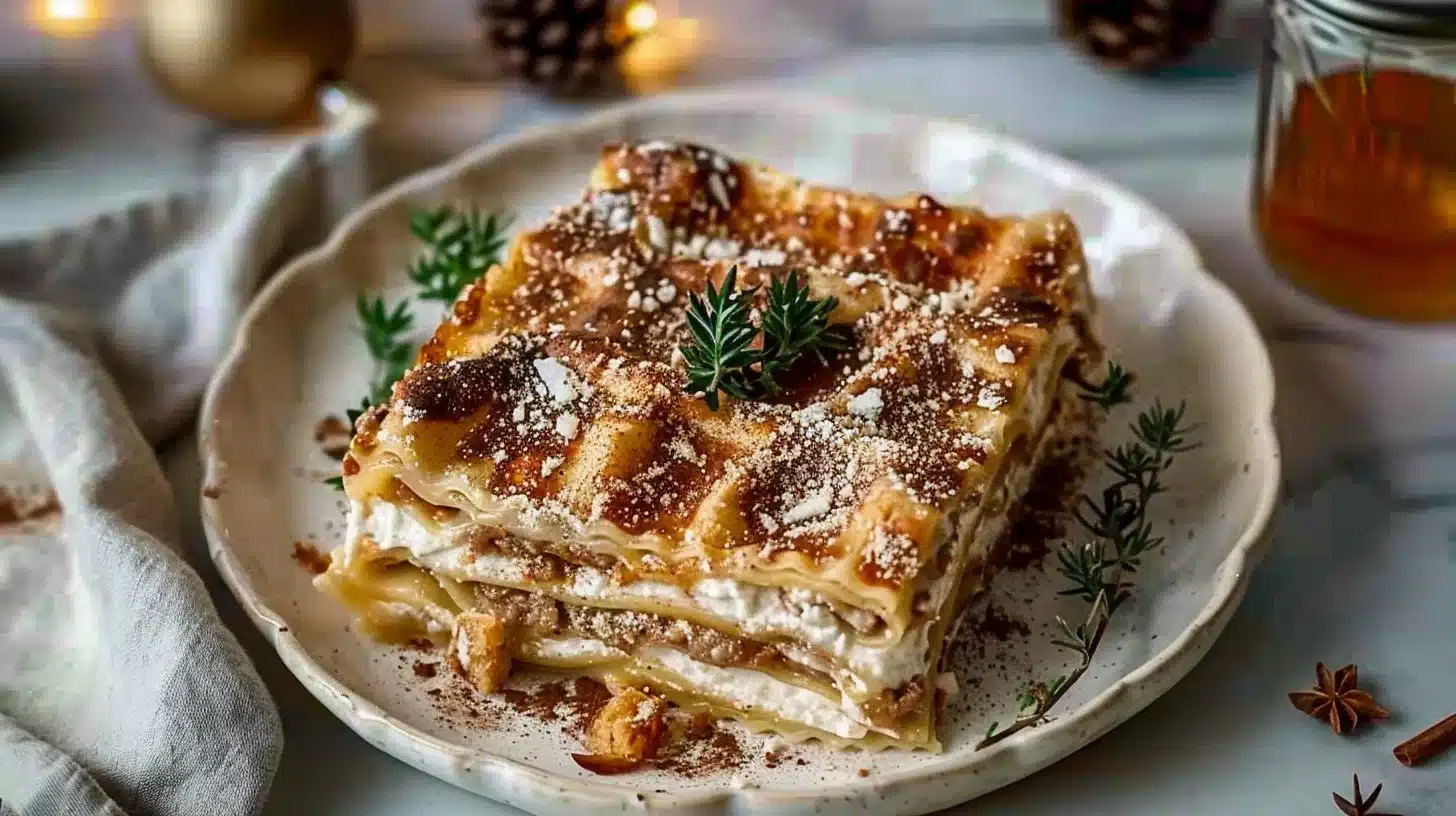 Festive Gingerbread Lasagna dessert with layers of gingerbread and icing