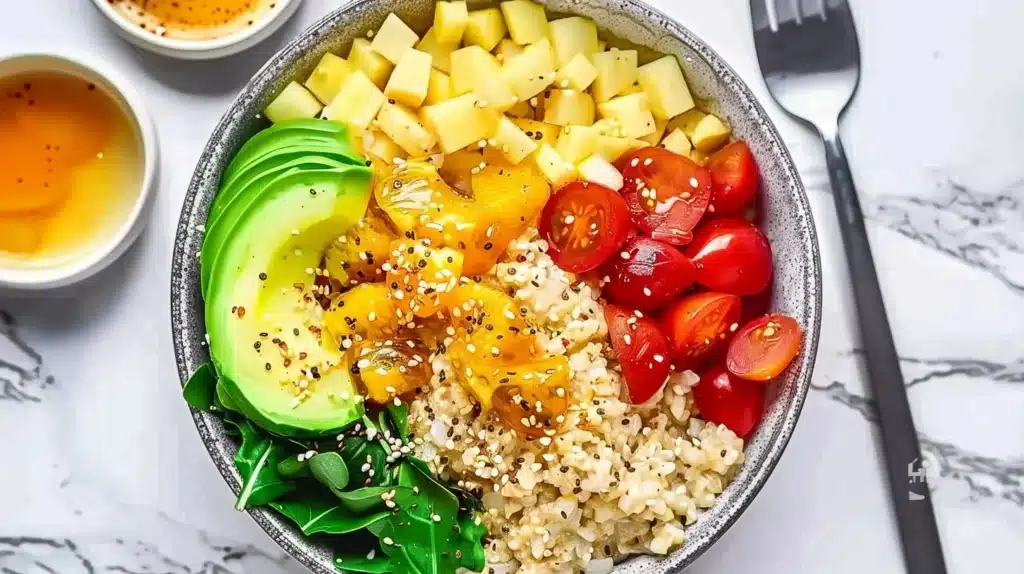 A colorful high protein breakfast bowl filled with eggs, quinoa, and fresh vegetables.