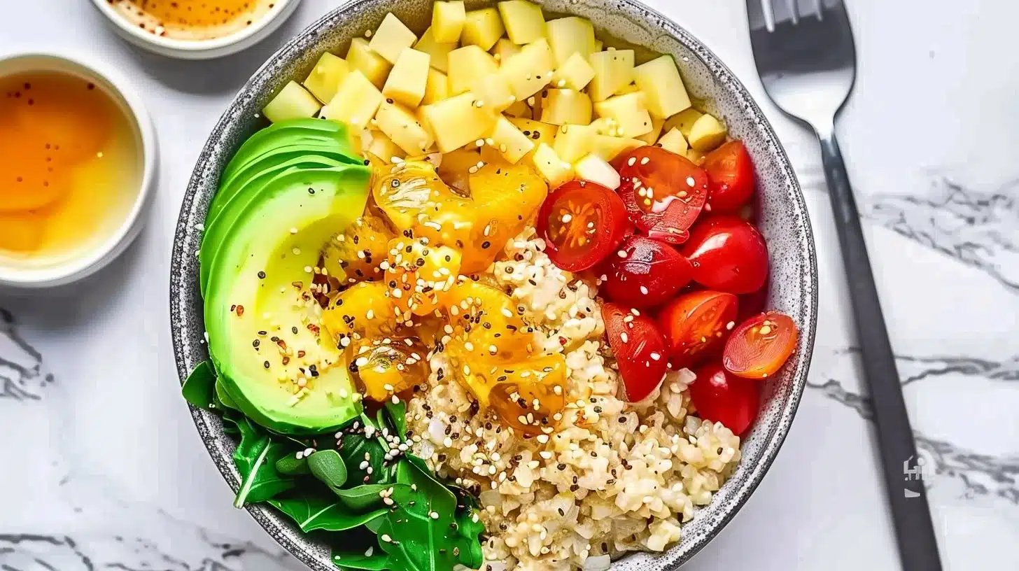 A colorful high protein breakfast bowl filled with eggs, quinoa, and fresh vegetables.