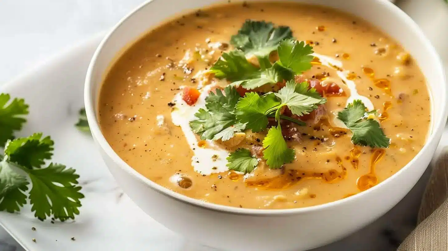 Bowl of high protein creamy taco soup topped with cheese and cilantro