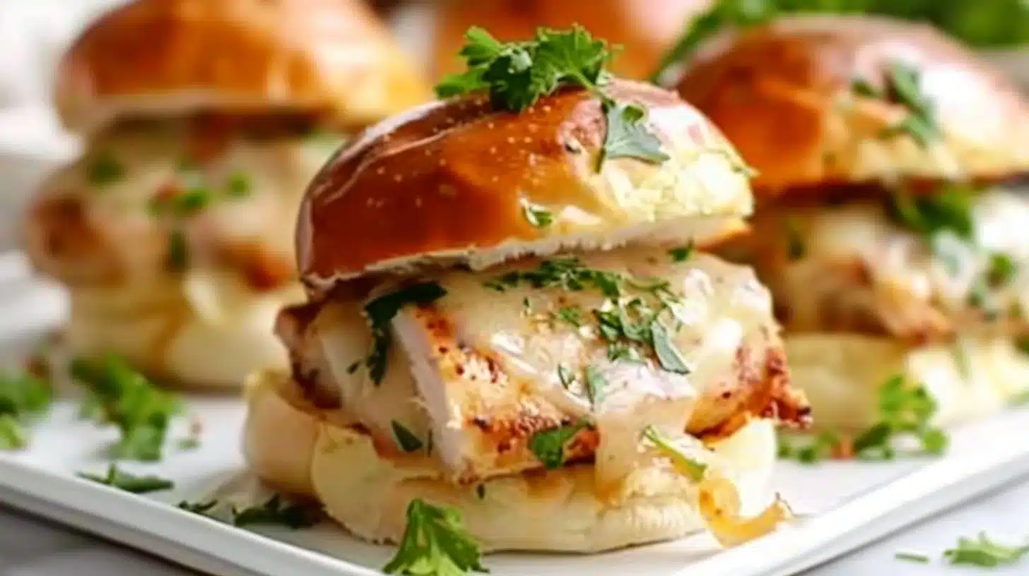 Hot turkey and Swiss sliders served on a platter