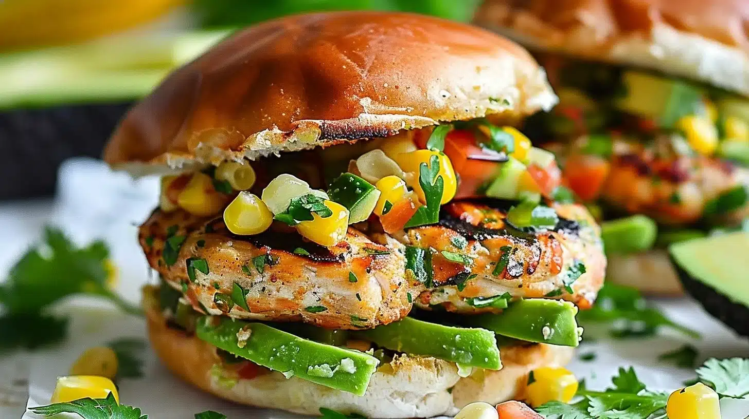 Juicy chicken burger topped with avocado corn salsa on a plate