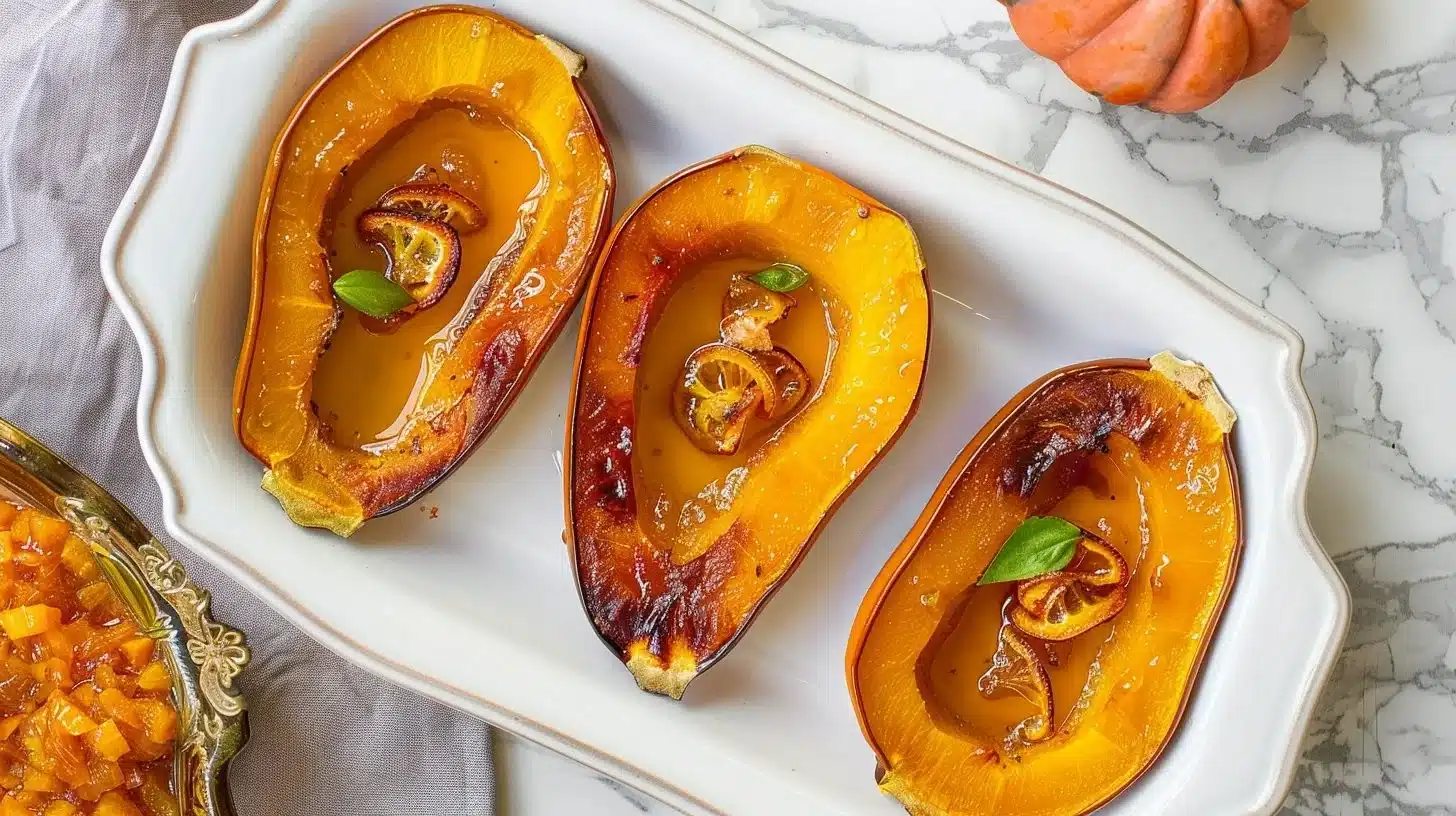 Glazed baked honeynut squash drizzled with clementine syrup on a plate.
