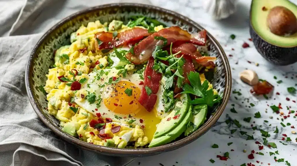 Delicious Keto Scrambled Eggs with Avocado and Turkey Bacon for a low-carb meal.