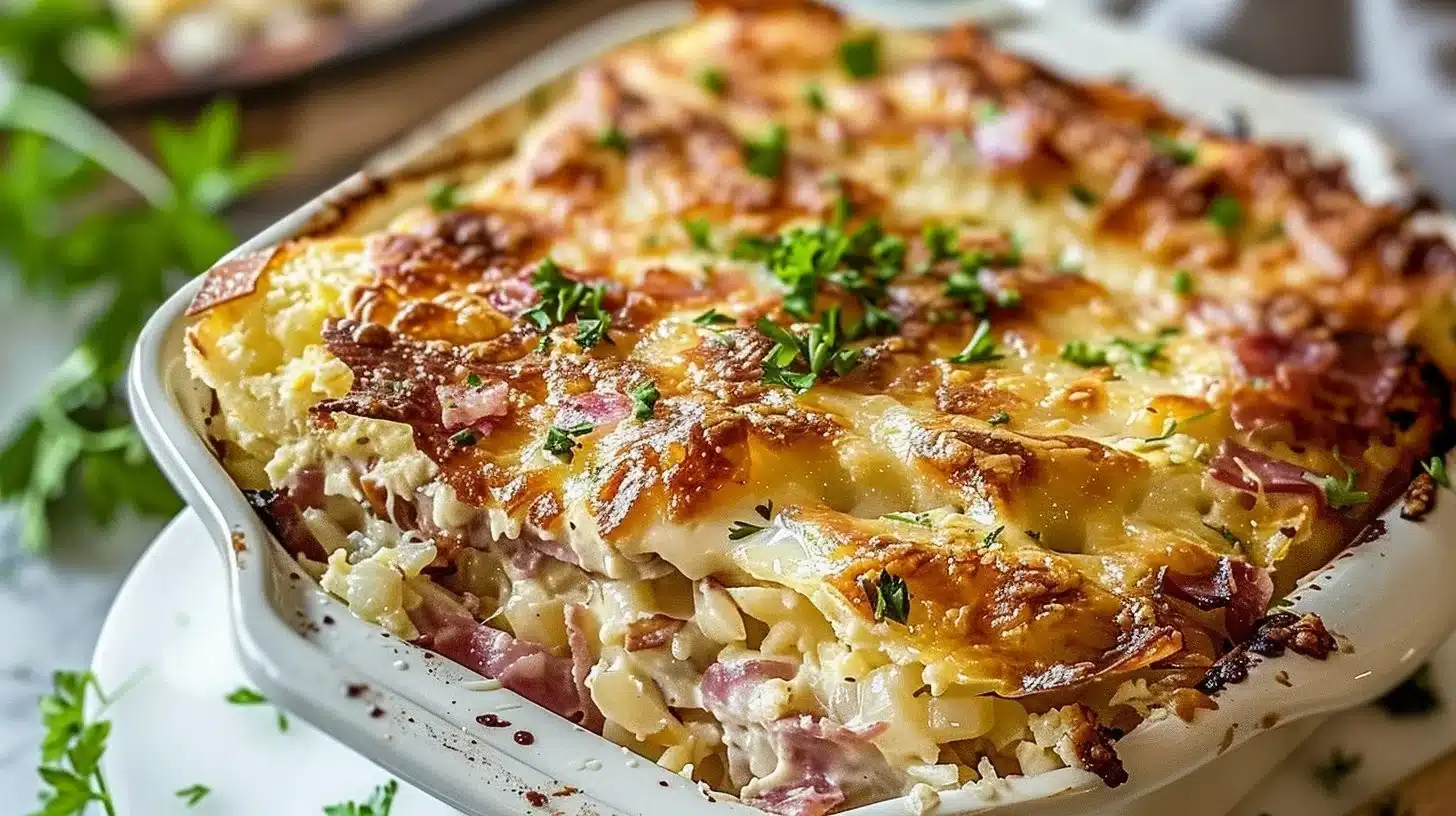Layered Reuben Casserole Bake topped with corned beef, sauerkraut, and cheese