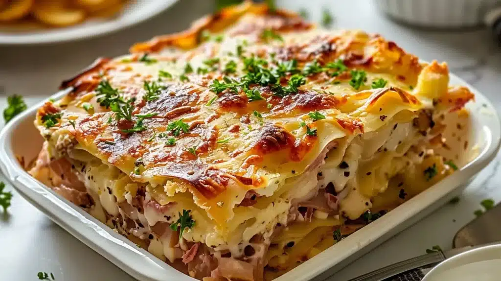 Layered Reuben Casserole Bake with corned beef, sauerkraut, and cheese