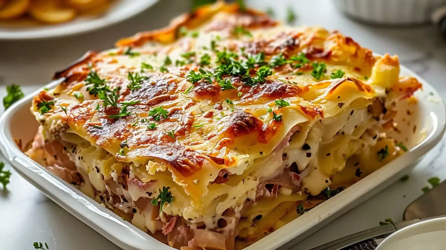 Layered Reuben Casserole Bake with corned beef, sauerkraut, and cheese