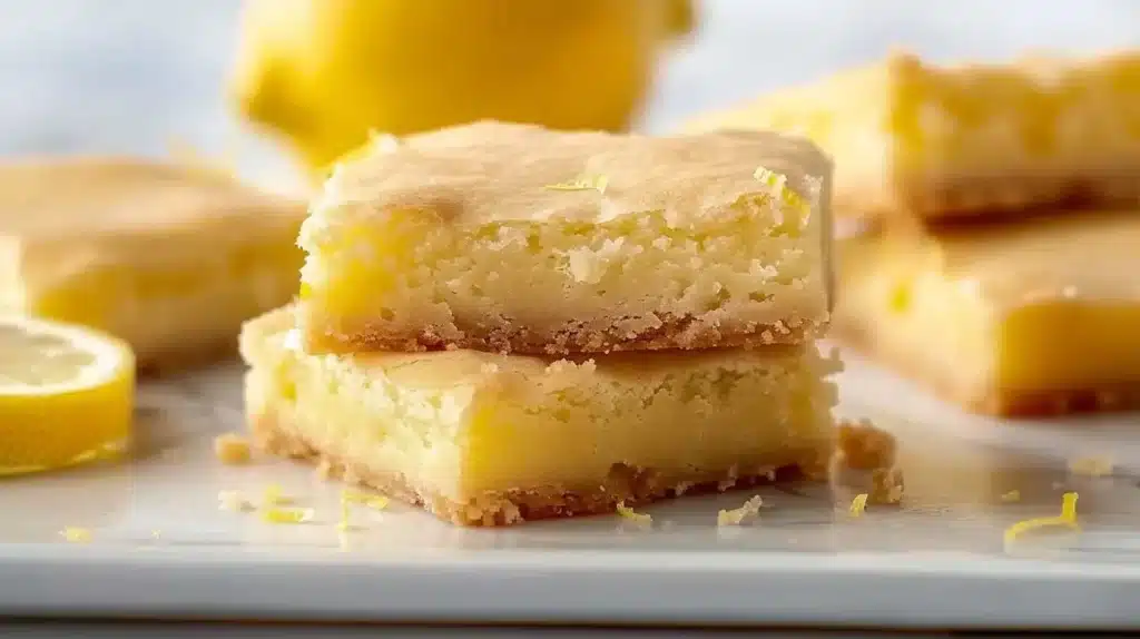 Delicious homemade Lemon Brownies freshly baked and served on a plate.