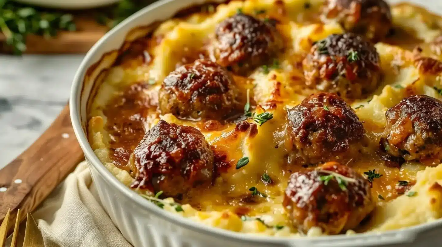Delicious Meatball Bake with creamy mashed potato topping