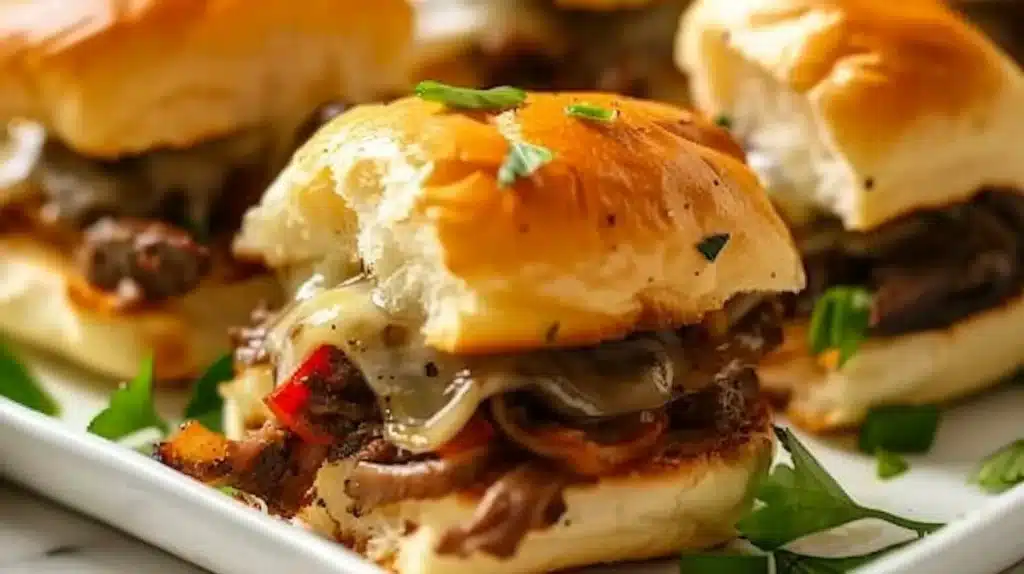Melty Philly cheesesteak sliders served on a platter