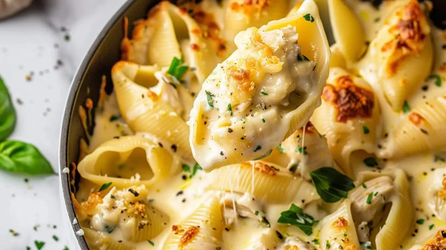 Delicious Million Dollar Chicken Alfredo Stuffed Shells topped with creamy sauce