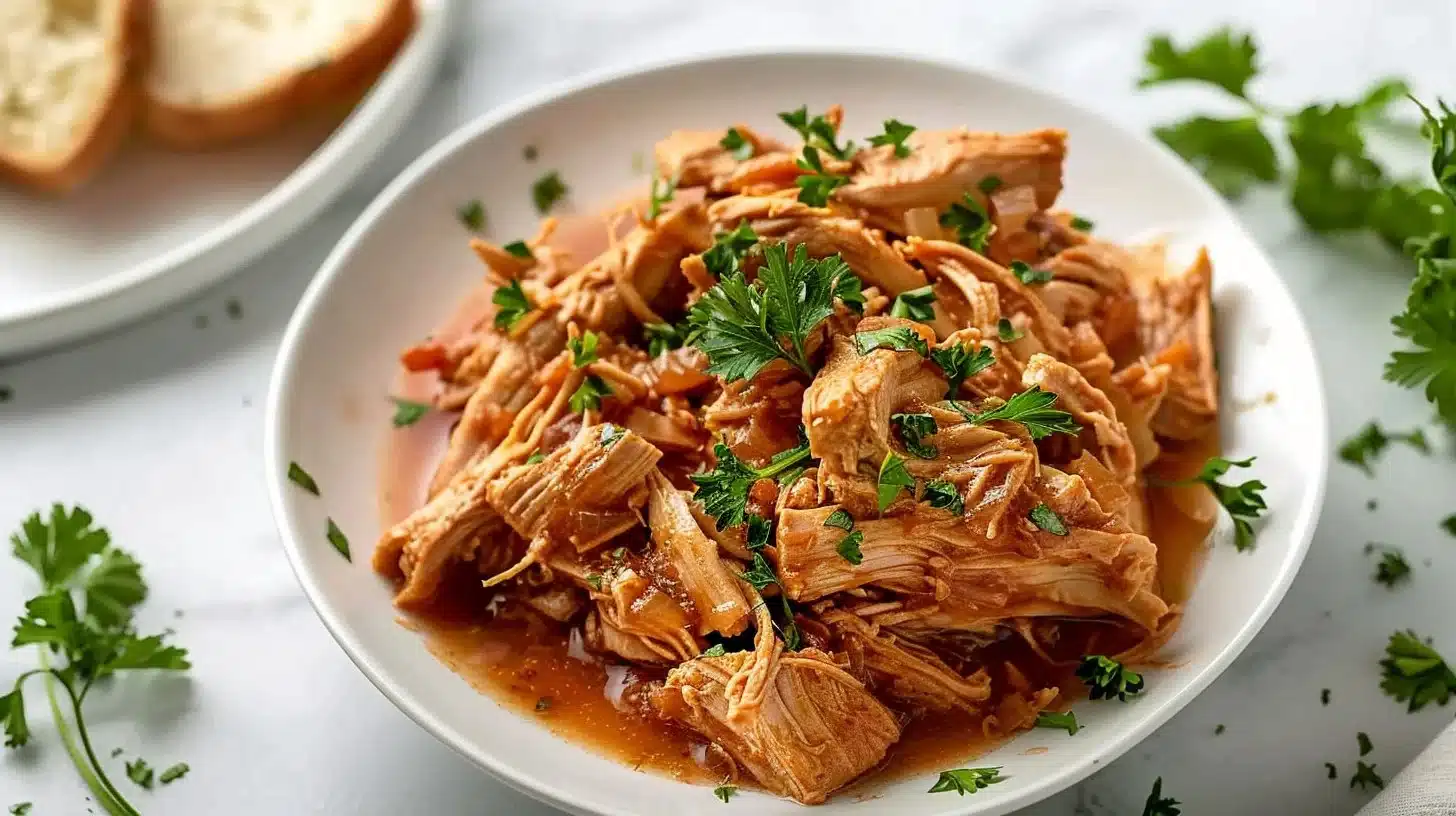 Delicious Mississippi Chicken cooked in a slow cooker, comfort food on a plate.