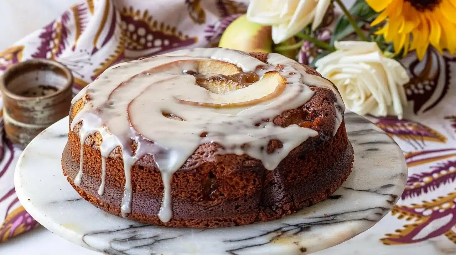 Moist honey apple butter cake with a creamy glaze on top