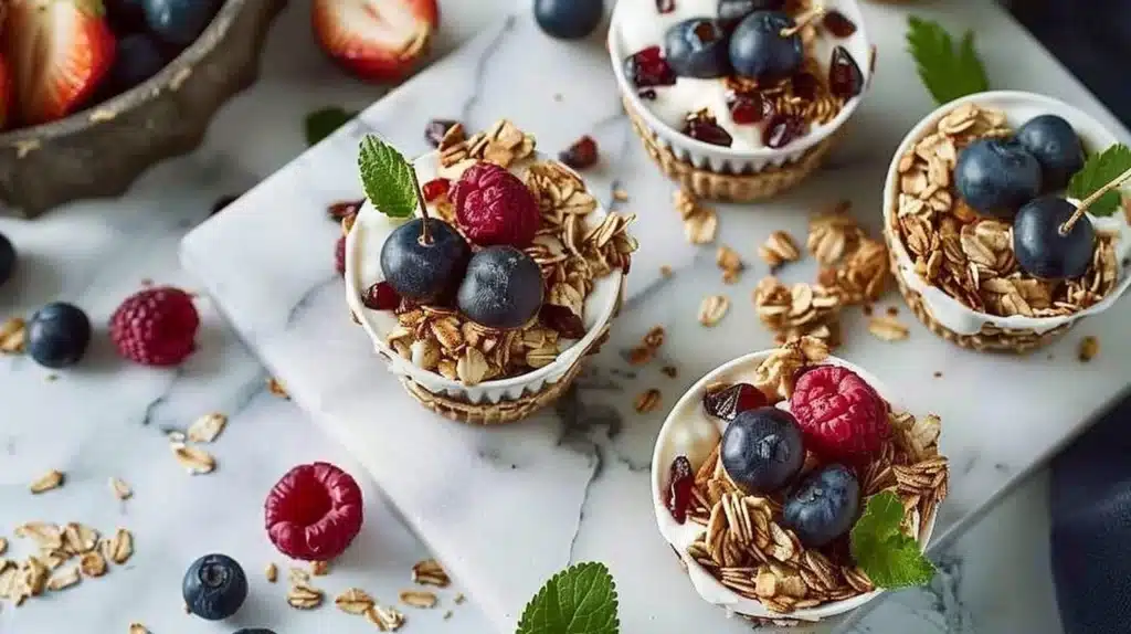 Healthy muesli cups with fruits and nuts for breakfast