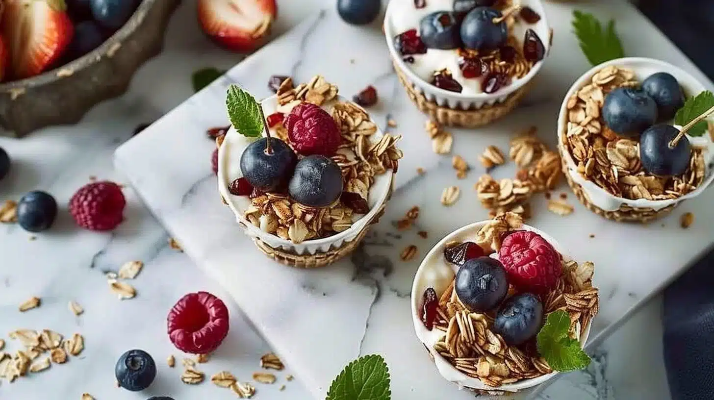 Healthy muesli cups with fruits and nuts for breakfast