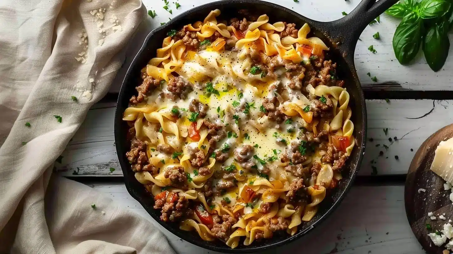 A delicious skillet of Noodle Ground Meat with Cream Cheese topped with herbs.