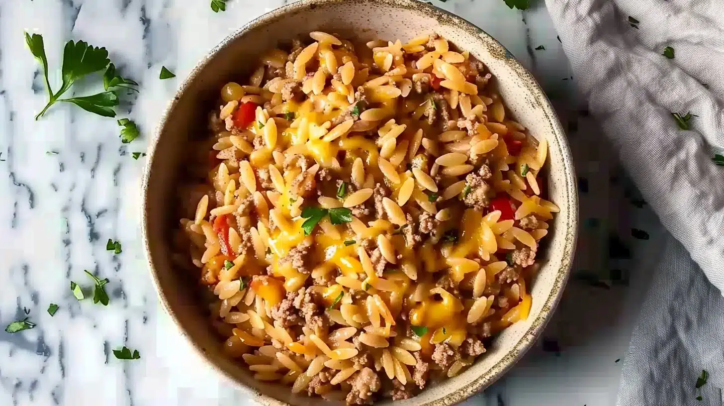 Delicious One Pot Cheeseburger Orzo in a serving bowl