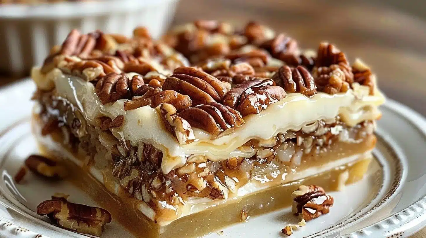 Delicious pecan pie lasagna layered with creamy filling and crunchy pecans