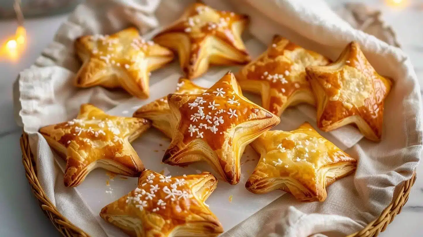 Puff pastry cheese stars arranged on a platter, perfect for appetizers.