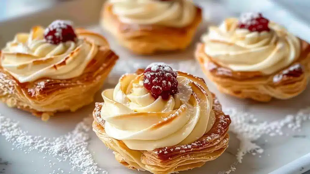 Puff pastry tarts topped with vanilla cream