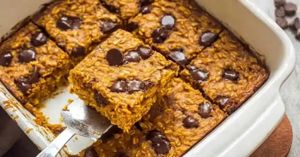 Bowl of Pumpkin Baked Oatmeal topped with nuts and pumpkin seeds