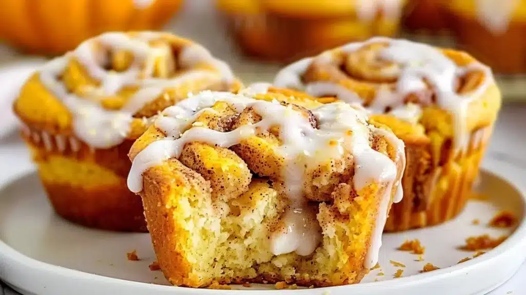 Pumpkin Cinnamon Roll Muffins baked and ready to enjoy