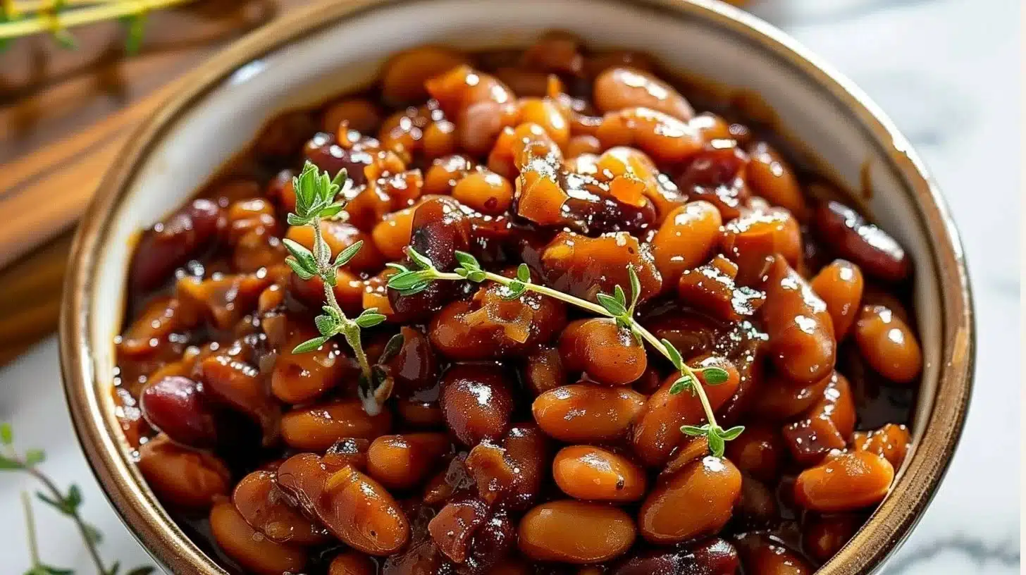 Delicious root beer baked beans served in a bowl with herbs and spices.