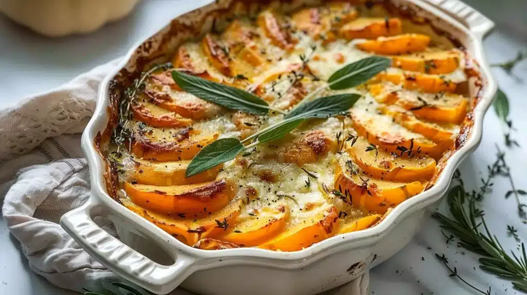 Sage Butternut Squash Gratin topped with herbs and cheese, served in a baking dish.