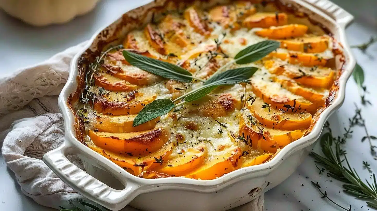 Sage Butternut Squash Gratin topped with herbs and cheese, served in a baking dish.