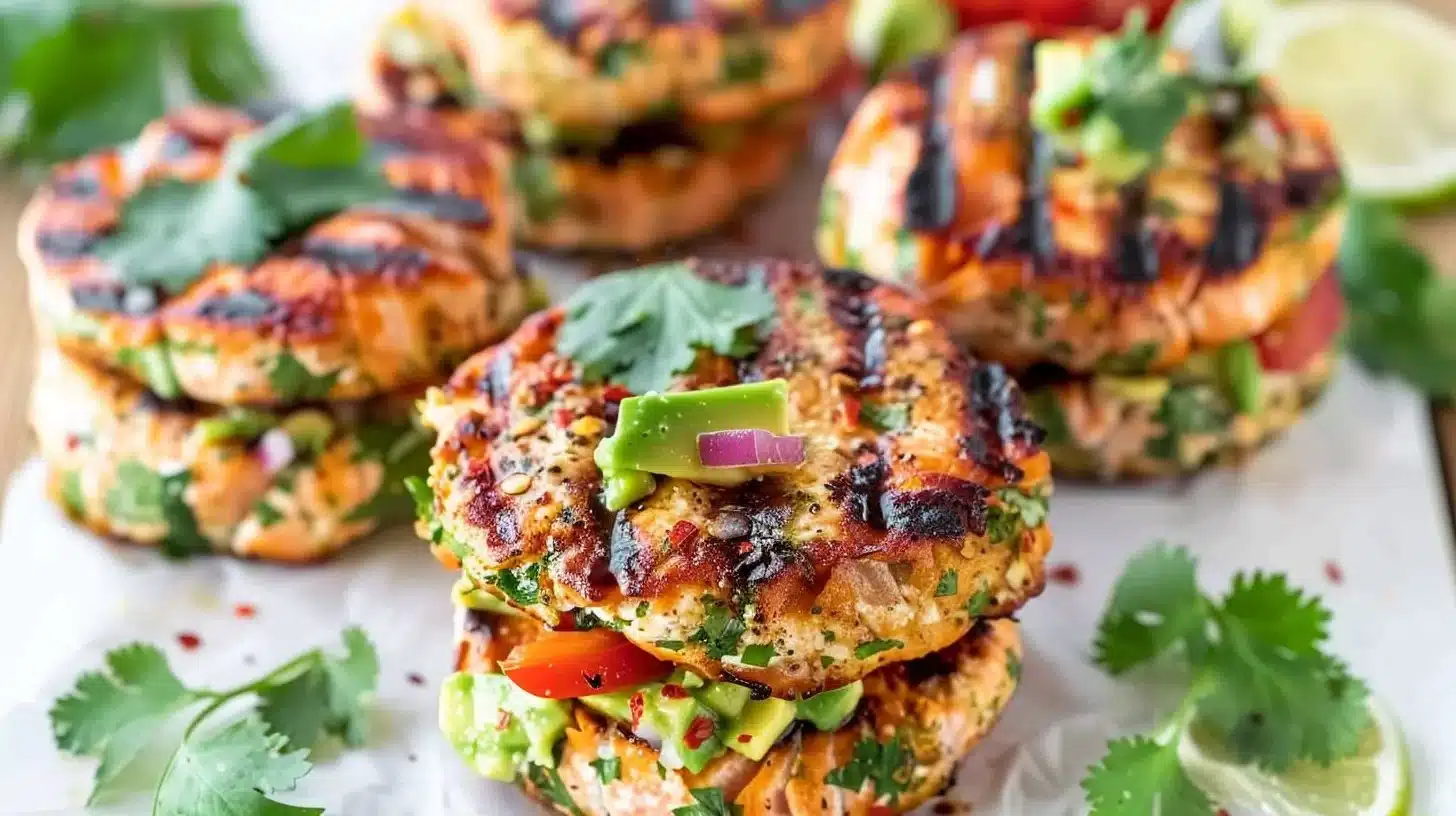 Delicious salmon burgers topped with avocado salsa on a plate