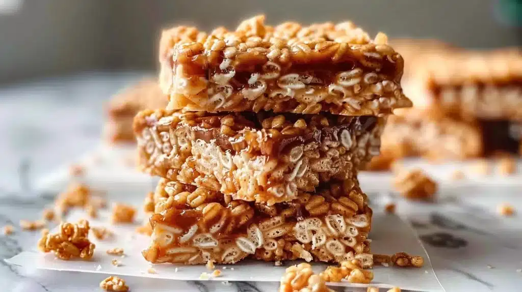 Delicious Samoa Rice Krispie Treats topped with caramel and coconut