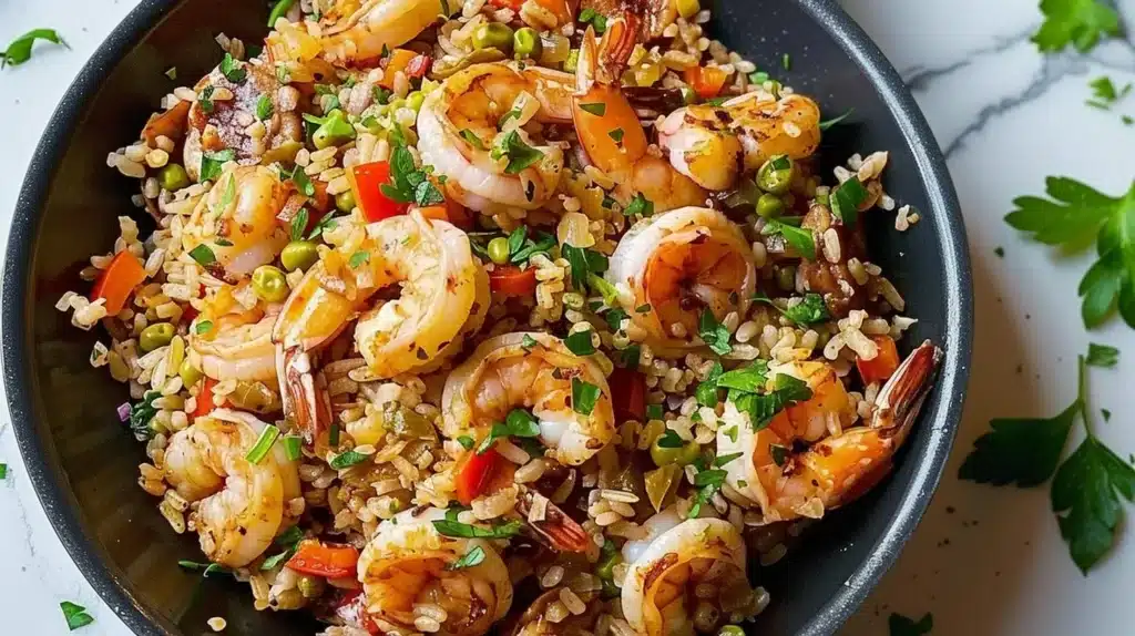 Shrimp Dirty Rice Skillet Delight with fresh shrimp and spices in a skillet.