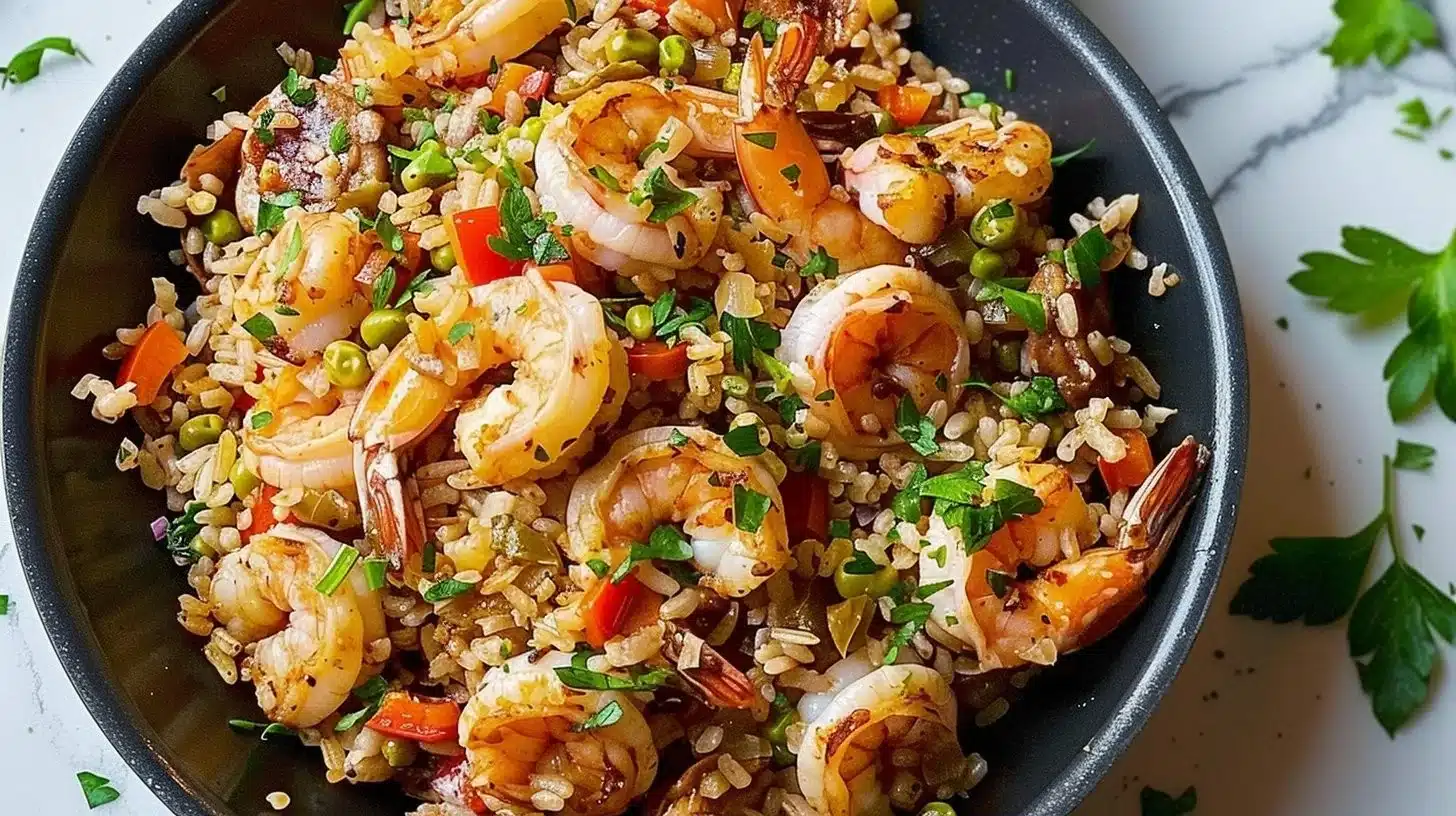 Shrimp Dirty Rice Skillet Delight with fresh shrimp and spices in a skillet.