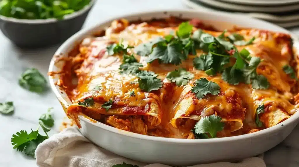Slow Cooker Chicken Enchilada Casserole with toppings