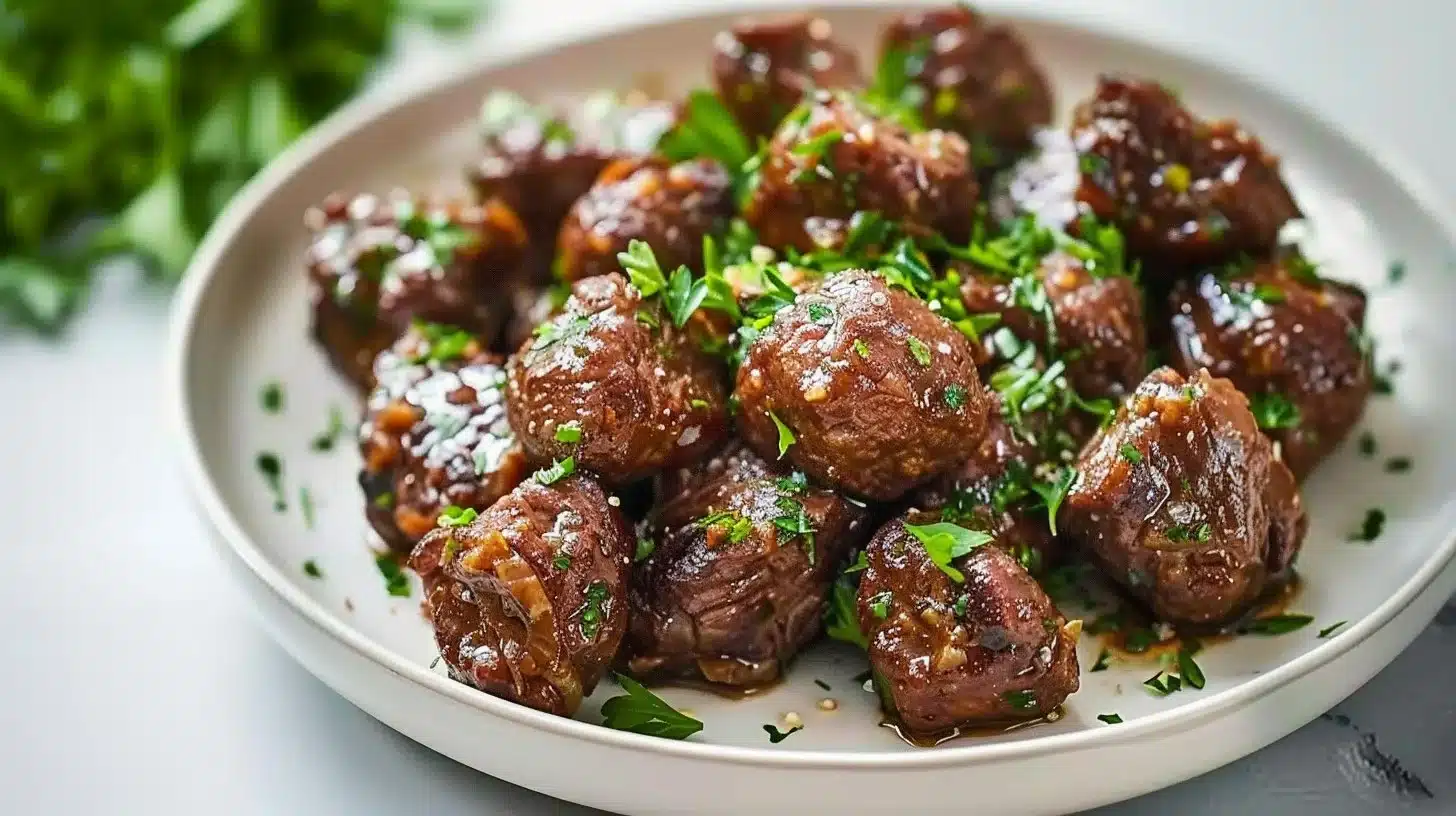 Slow Cooker Garlic Butter Beef Bites served on a plate with herbs and spices