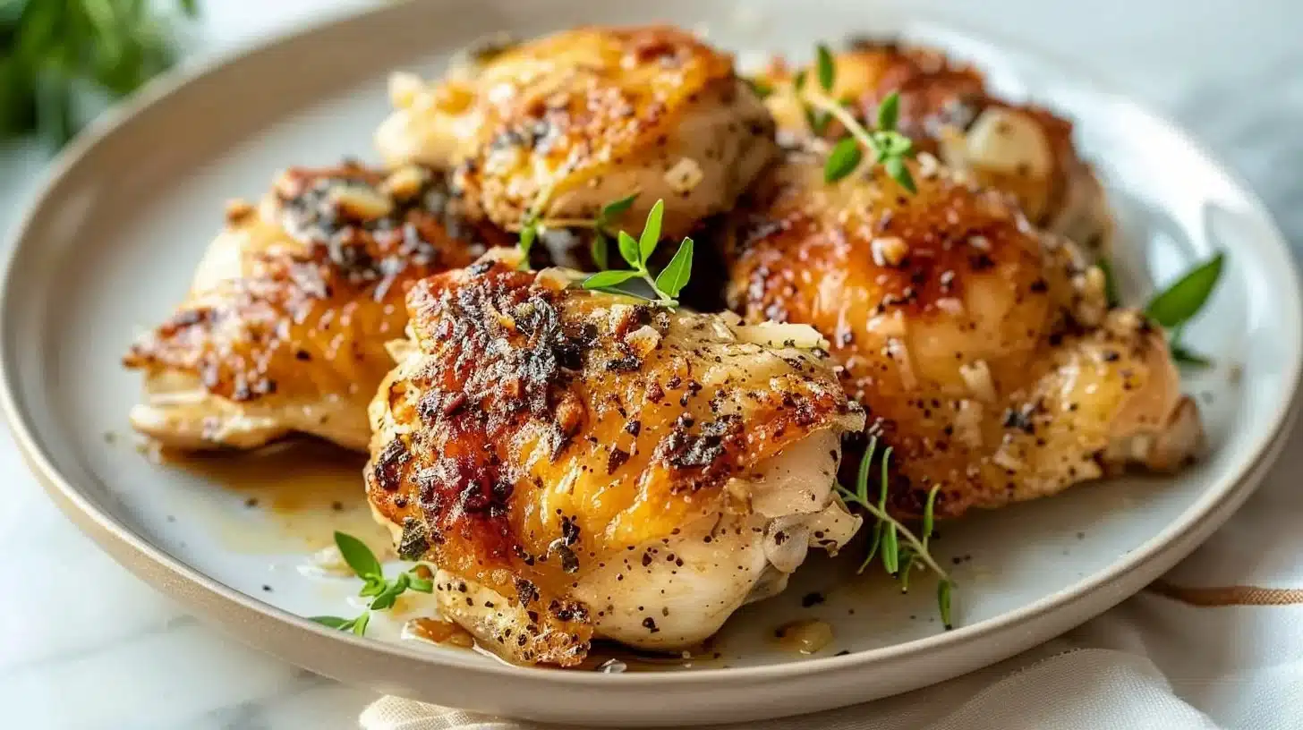 Slow Cooker Garlic Parmesan Chicken served with herbs