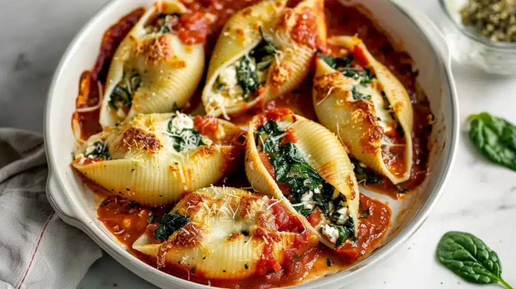 Plate of Slow Cooker Spinach and Ricotta Stuffed Shells garnished with parsley.