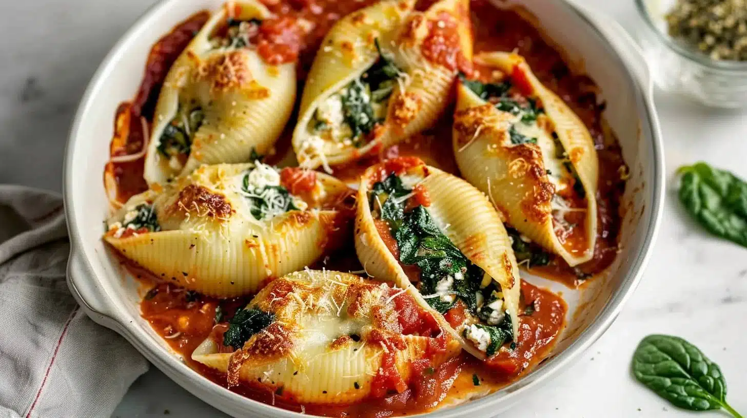 Plate of Slow Cooker Spinach and Ricotta Stuffed Shells garnished with parsley.